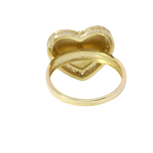 14KT Gold Ring Women's 3D Heart Box Plain Puff Center with White CZ Stones Border and Single Row of White CZ Stones Edge and Plain Band