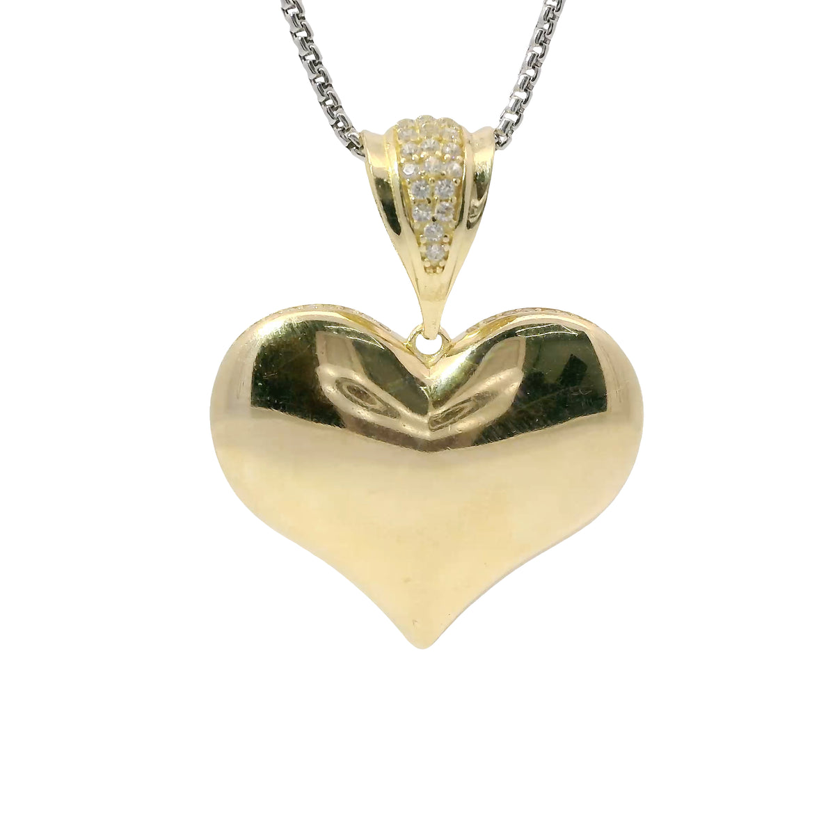 14KT Gold Charm Large Flat Back Puff Heart with White CZ Edge and Bell