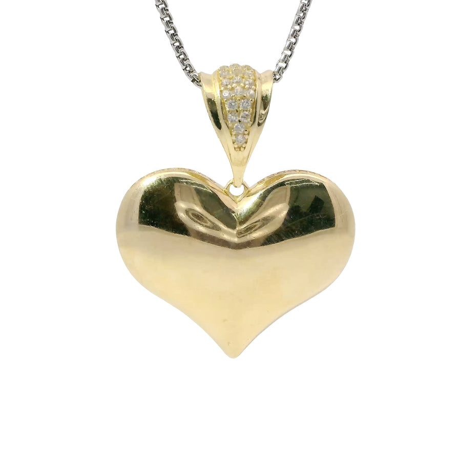 14KT Gold Charm Large Flat Back Puff Heart with White CZ Edge and Bell