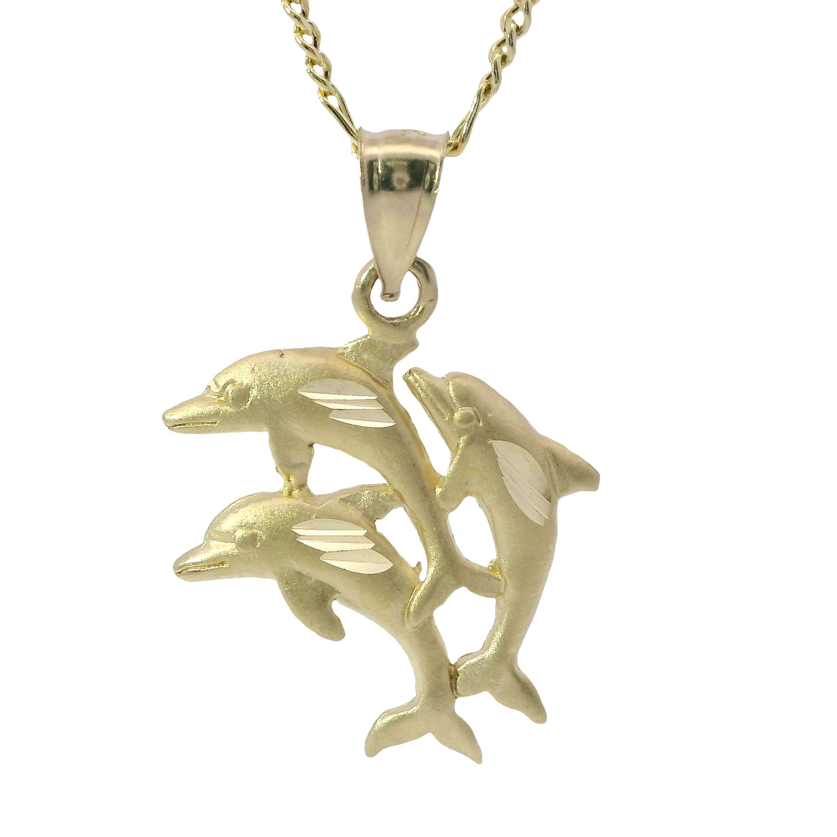 14KT Gold Charm Three Medium Jumping Dolphins with Plain Bell