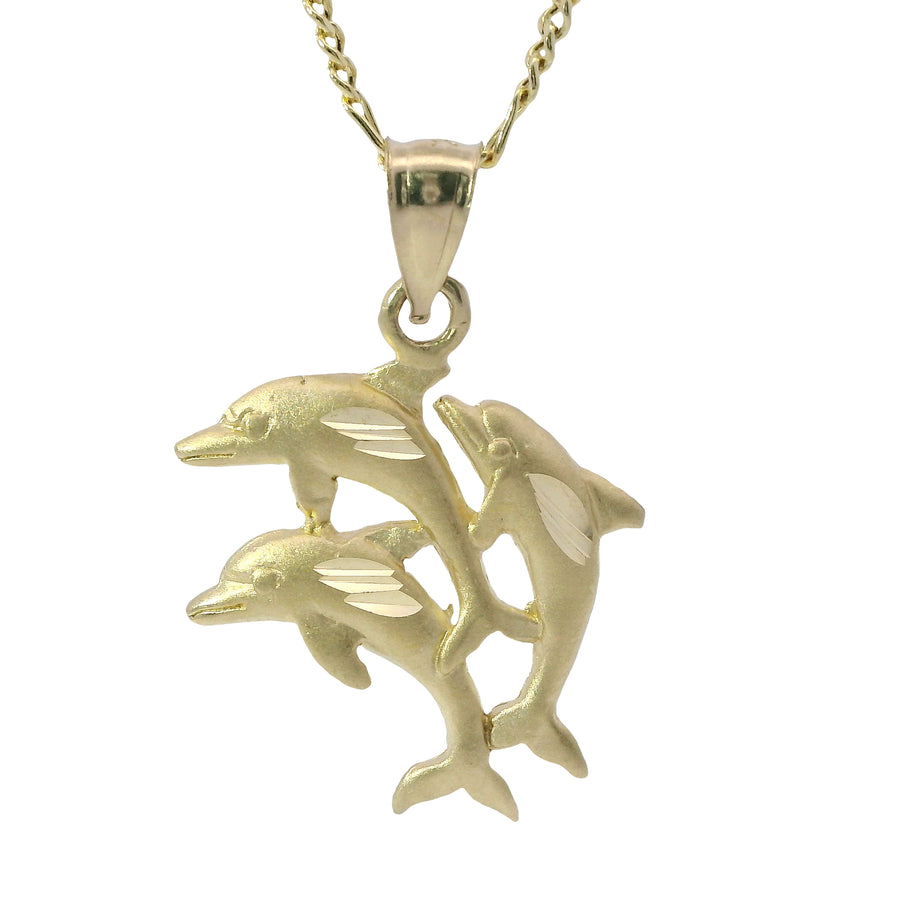 14KT Gold Charm Three Medium Jumping Dolphins with Plain Bell