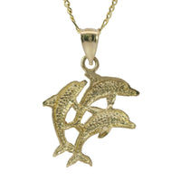 14KT Gold Charm Three Medium Jumping Dolphins with Plain Bell