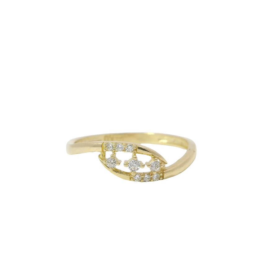 14KT Gold Ring Women's Light Weight Three Floating White CZ Stone Center with Triple CZ Stones on Bypass Band Ends