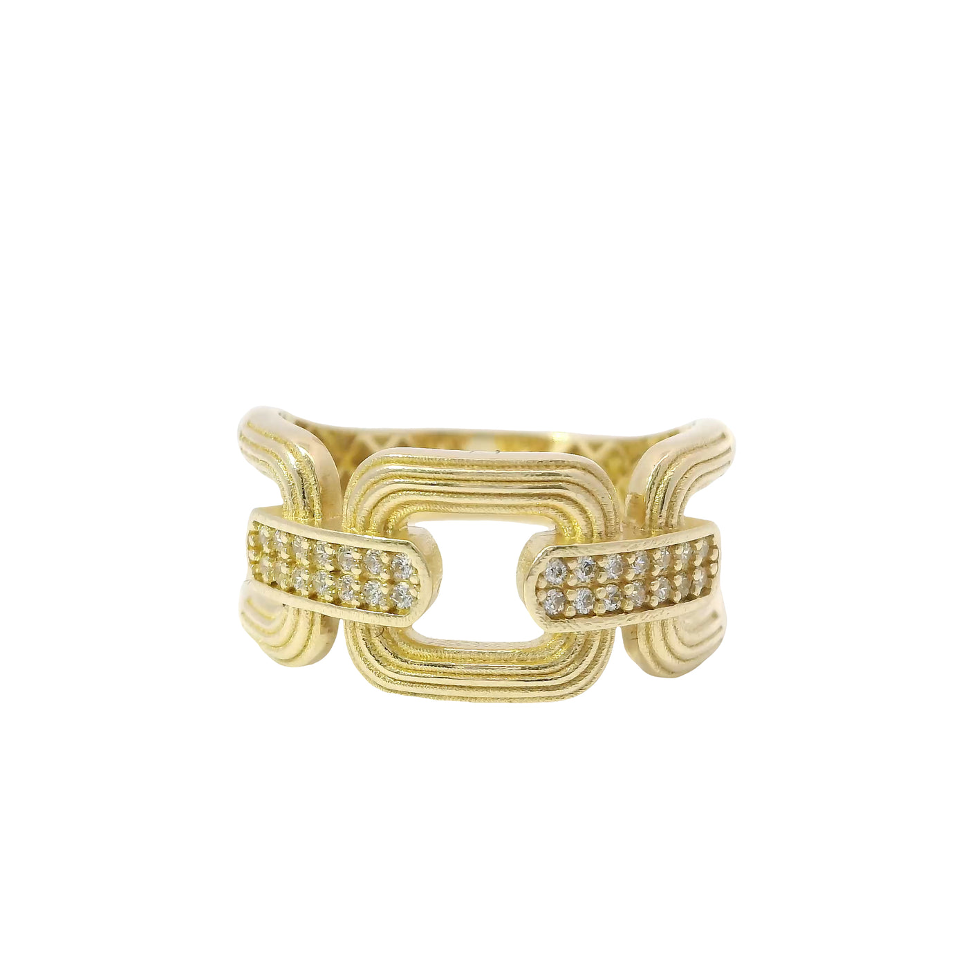 14KT Gold Ring Women's Three Ribbed Square Link Band with 2 Double Row White CZ Stones Bar Connecting Links