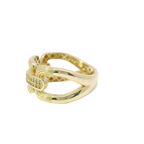 14KT Gold Ring Women's Three Ribbed Square Link Band with 2 Double Row White CZ Stones Bar Connecting Links