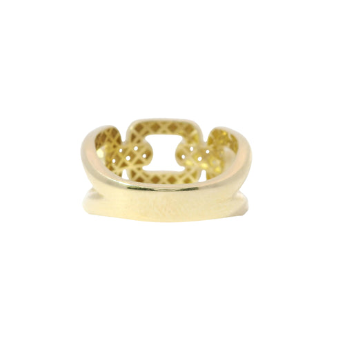 14KT Gold Ring Women's Three Ribbed Square Link Band with 2 Double Row White CZ Stones Bar Connecting Links