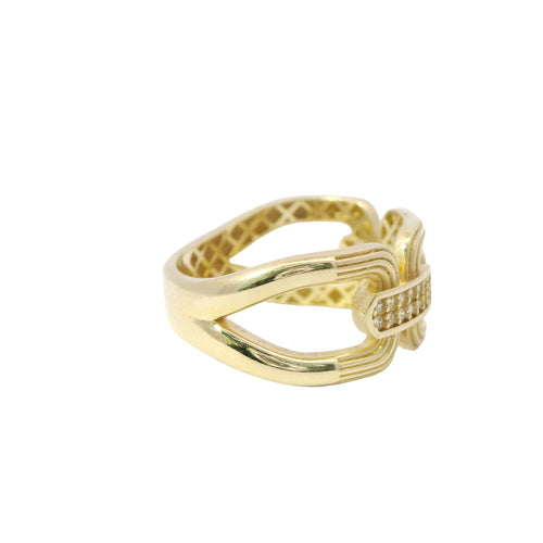14KT Gold Ring Women's Three Ribbed Square Link Band with 2 Double Row White CZ Stones Bar Connecting Links