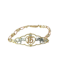 14KT Gold Bracelet Women's Tri Tone "15" Good Luck Quinceanera Center Three Round White CZ Stone and Two Elephants in Center Plaque with Alternating White CZ Stone / Eye Shape Band 4.5mm