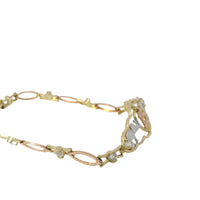 14KT Gold Bracelet Women's Tri Tone "15" Good Luck Quinceanera Center Three Round White CZ Stone and Two Elephants in Center Plaque with Alternating White CZ Stone / Eye Shape Band 4.5mm