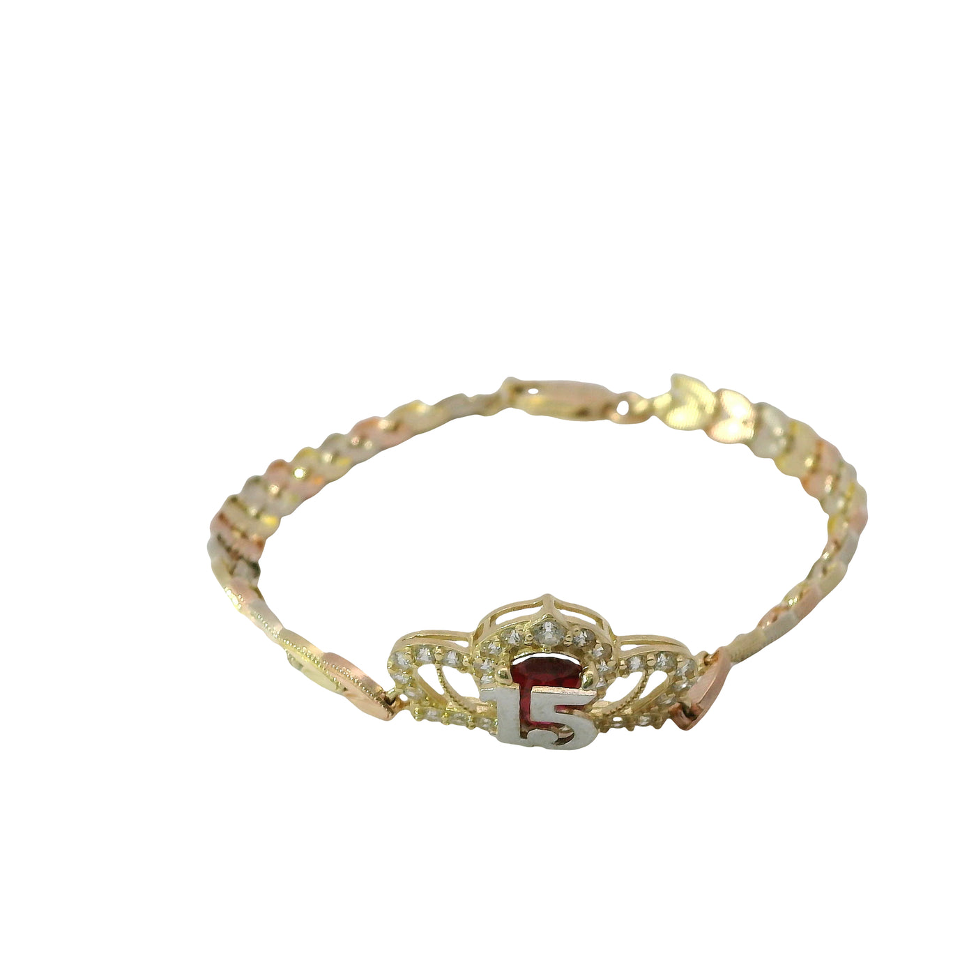 14KT Gold Bracelet Women's "15" Quinceanera Tiara Dark Pink Pear Center CZ Stone with White CZ Stones Border and Tri Tone Leaf Band 5mm