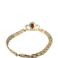 14KT Gold Bracelet Women's "15" Quinceanera Tiara Dark Pink Pear Center CZ Stone with White CZ Stones Border and Tri Tone Leaf Band 5mm