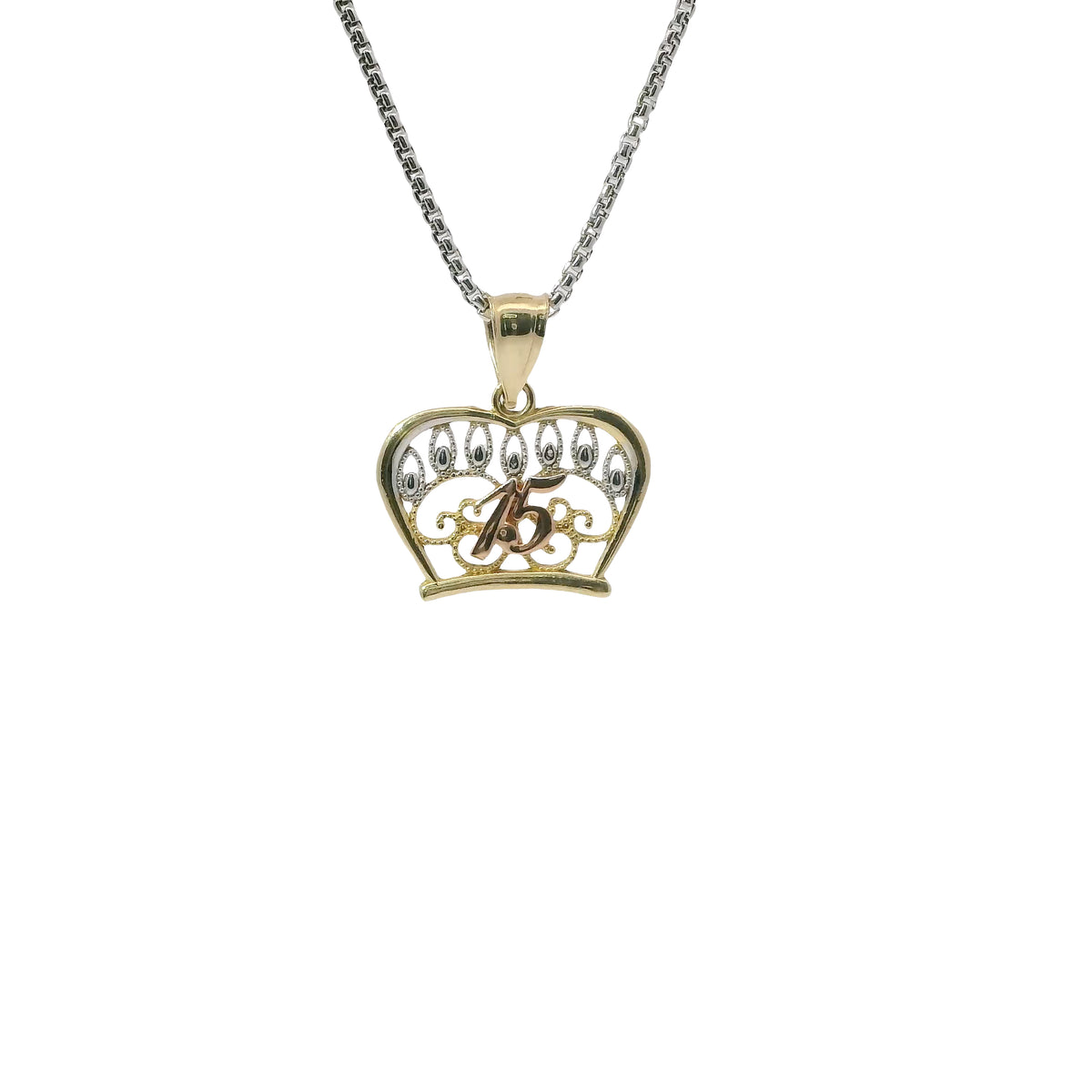 14KT Gold Charm Medium Tri Tone Quinceanera "15" Open Crown Outline with Row of Candle Flames and Plain Bell