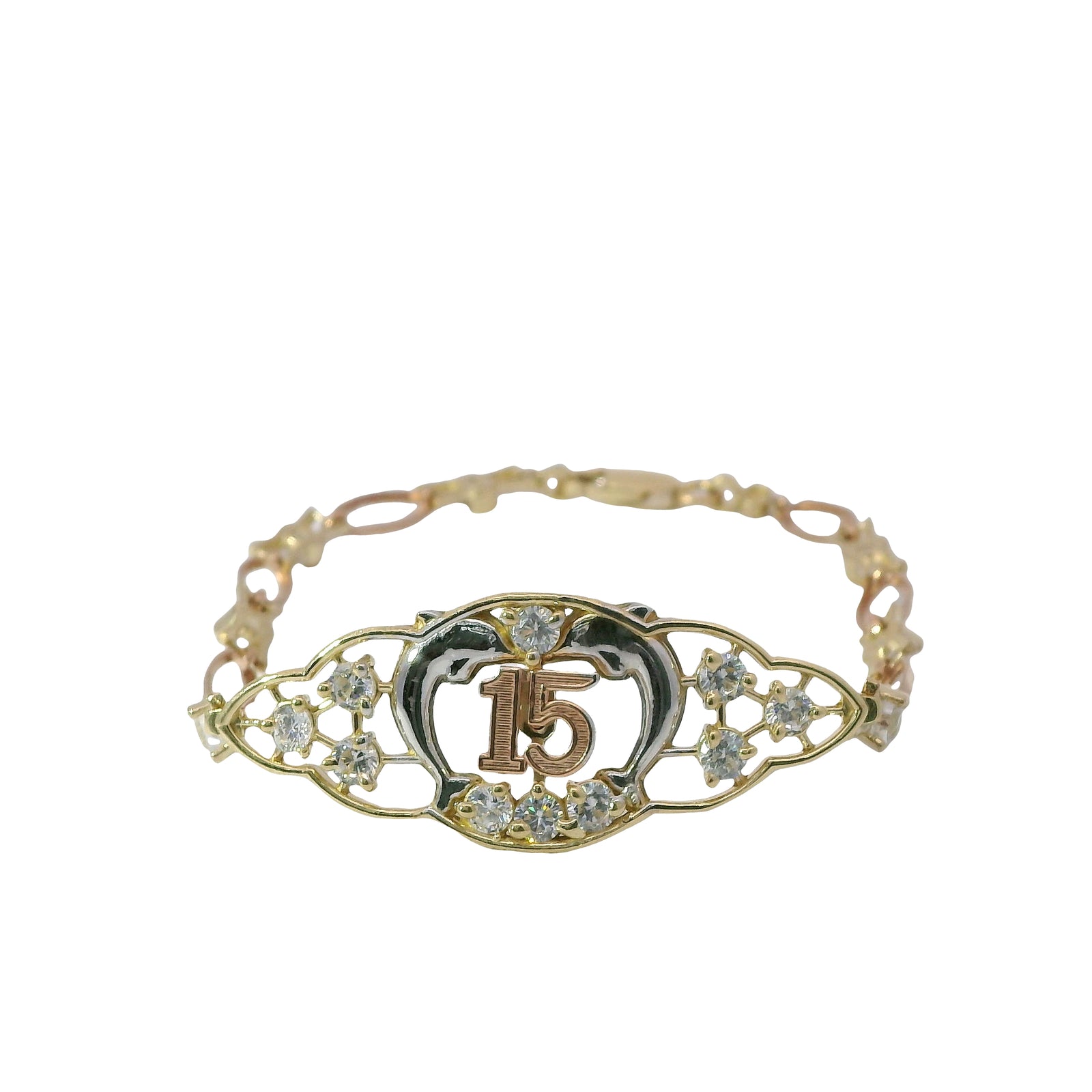 14KT Gold Bracelet Women's Tri Tone "15" Quinceanera Dolphins with White CZ Stone Centers with Alternating White CZ Stone / Eye Shape Band 4.5mm