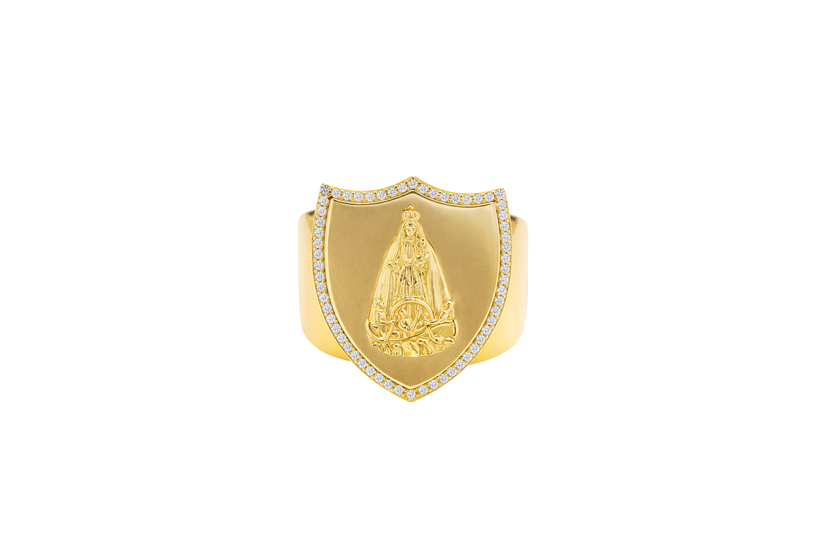 14KT Gold Ring Men's Shield Raised Caridad Cobre Center with White CZ Stones Border and Single Row White CZ Stone Edge