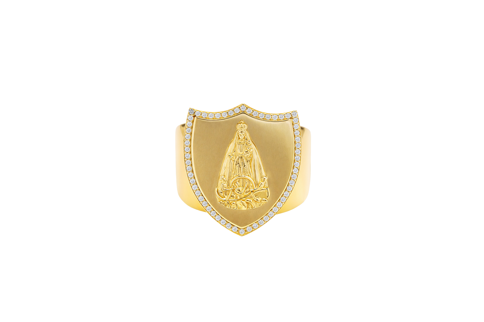 14KT Gold Ring Men's Shield Raised Caridad Cobre Center with White CZ Stones Border and Single Row White CZ Stone Edge