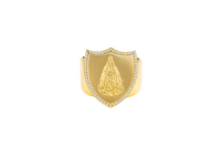 14KT Gold Ring Men's Shield Raised Caridad Cobre Center with White CZ Stones Border and Single Row White CZ Stone Edge