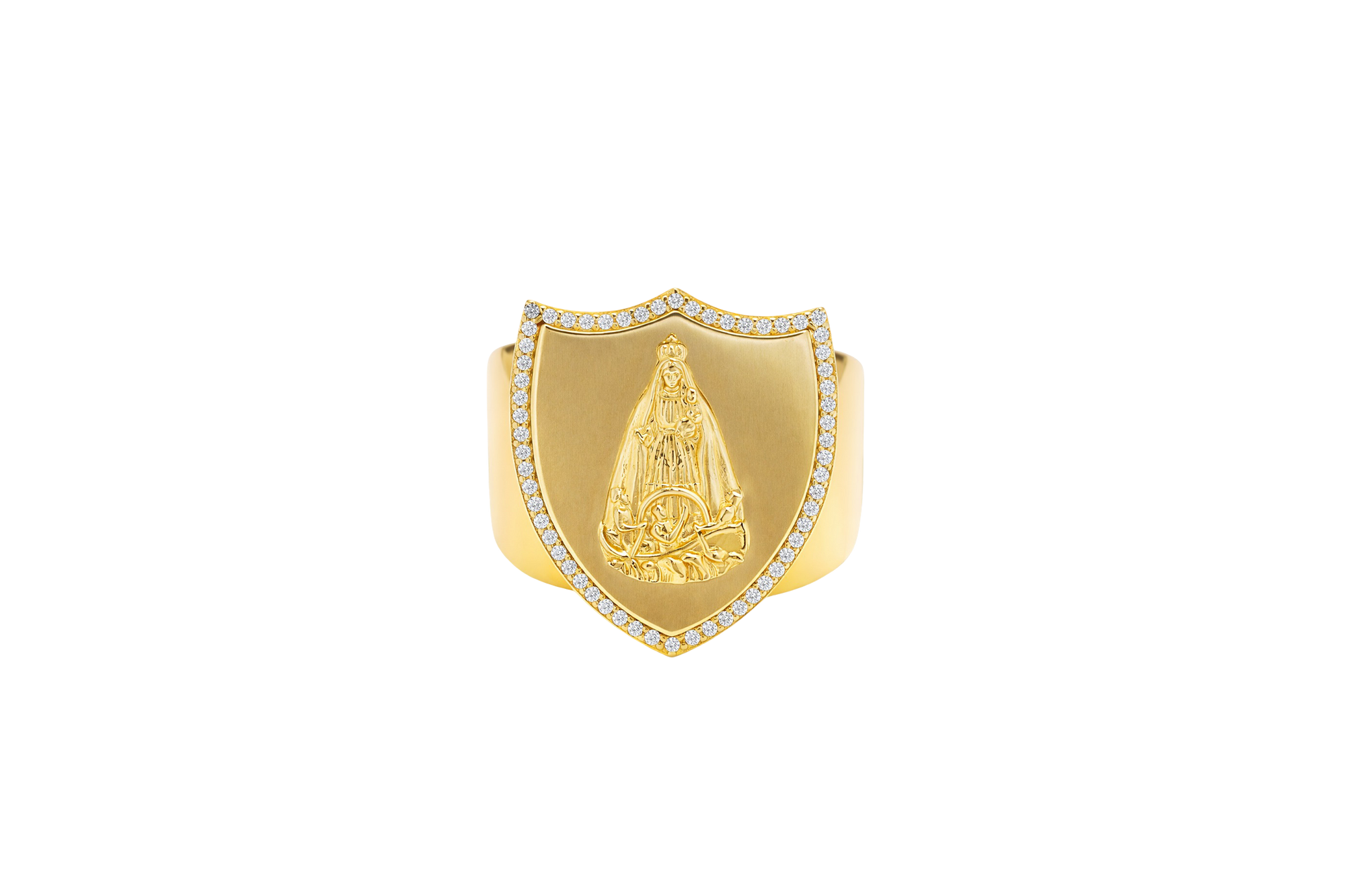 14KT Gold Ring Men's Shield Raised Caridad Cobre Center with White CZ Stones Border and Single Row White CZ Stone Edge