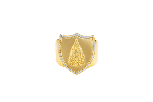 14KT Gold Ring Men's Shield Raised Caridad Cobre Center with White CZ Stones Border and Single Row White CZ Stone Edge