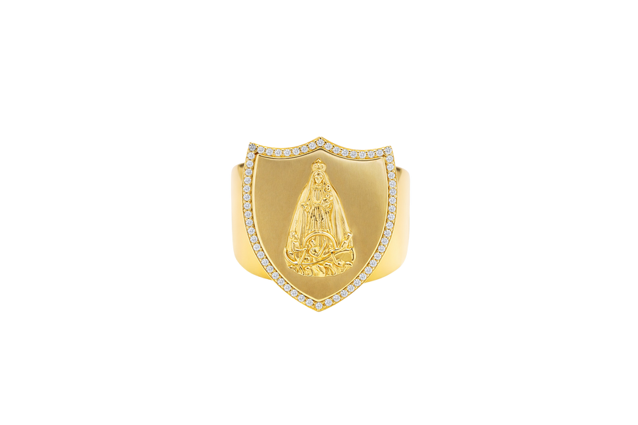 14KT Gold Ring Men's Shield Raised Caridad Cobre Center with White CZ Stones Border and Single Row White CZ Stone Edge