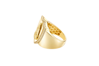 14KT Gold Ring Men's Shield Raised Caridad Cobre Center with White CZ Stones Border and Single Row White CZ Stone Edge