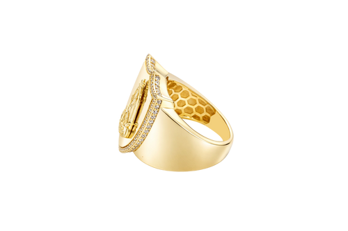 14KT Gold Ring Men's Shield Raised Caridad Cobre Center with White CZ Stones Border and Single Row White CZ Stone Edge