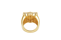 14KT Gold Ring Men's Shield Raised Caridad Cobre Center with White CZ Stones Border and Single Row White CZ Stone Edge