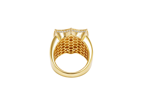 14KT Gold Ring Men's Shield Raised Caridad Cobre Center with White CZ Stones Border and Single Row White CZ Stone Edge