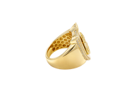 14KT Gold Ring Men's Shield Raised Caridad Cobre Center with White CZ Stones Border and Single Row White CZ Stone Edge