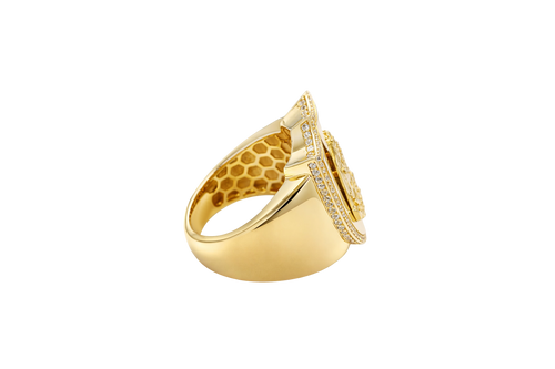 14KT Gold Ring Men's Shield Raised Caridad Cobre Center with White CZ Stones Border and Single Row White CZ Stone Edge
