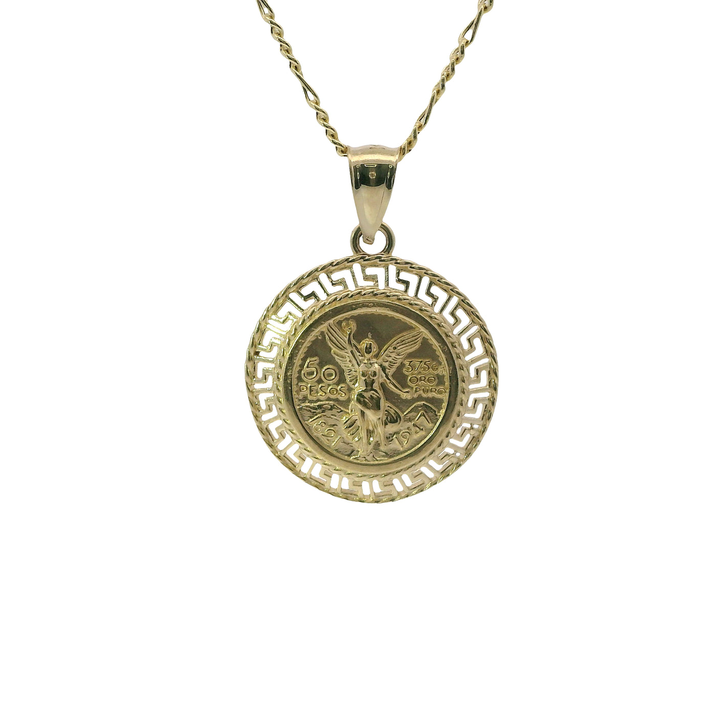14KT Gold Charm Medium "50 Pesos" St Michael Coin with Open Green Border and Plain Bell