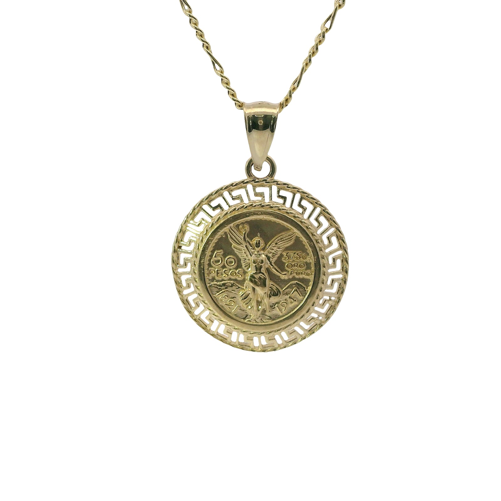 14KT Gold Charm Medium "50 Pesos" St Michael Coin with Open Green Border and Plain Bell