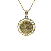 14KT Gold Charm Medium "50 Pesos" St Michael Coin with Open Green Border and Plain Bell