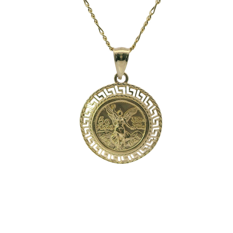 14KT Gold Charm Medium "50 Pesos" St Michael Coin with Open Green Border and Plain Bell
