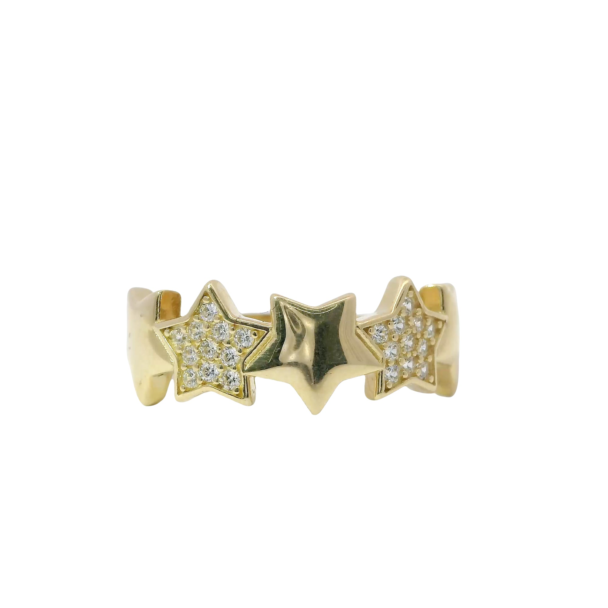14KT Gold Ring Women's Five Stars Band with Three White CZ Stone Stars and Two Plain Stars Plain Band