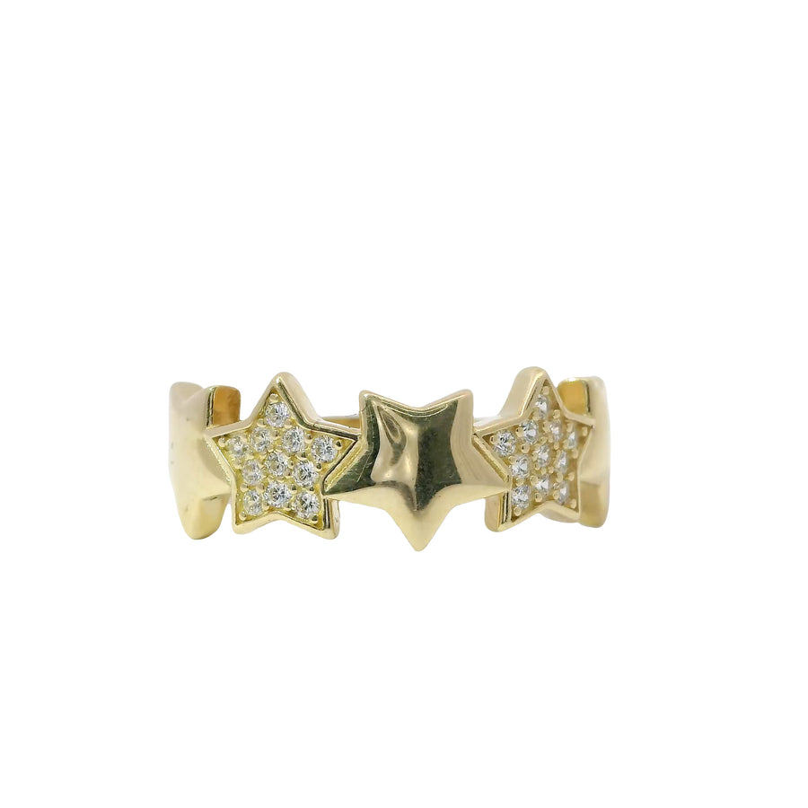 14KT Gold Ring Women's Five Stars Band with Three White CZ Stone Stars and Two Plain Stars Plain Band