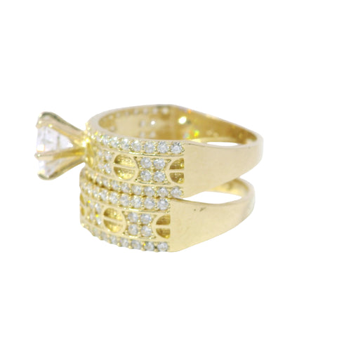 14KT Gold Ring Women's Duo 6 Prong White CZ Stone Solitaire with White CZ Stones Mock Screw Band with Separate Band