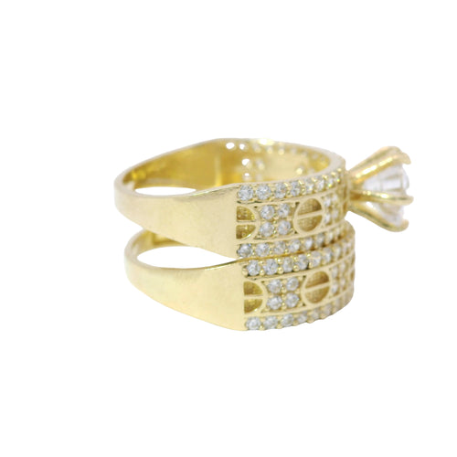 14KT Gold Ring Women's Duo 6 Prong White CZ Stone Solitaire with White CZ Stones Mock Screw Band with Separate Band