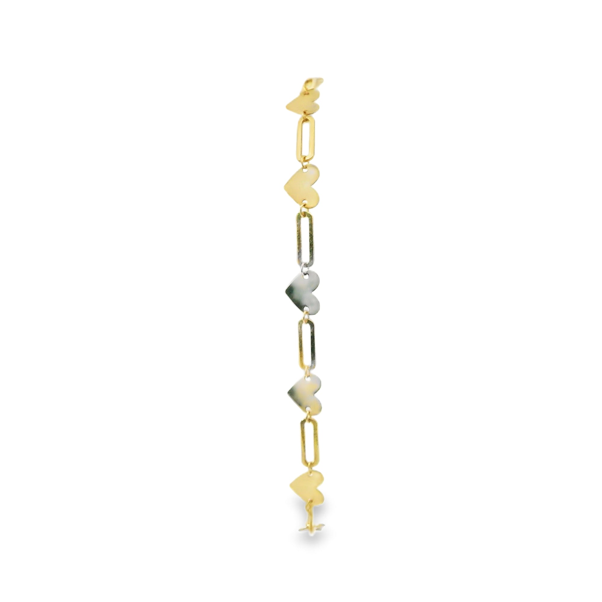 14KT Gold Bracelet Alternating Horizontal Plain Heart/ Open Oval Link with White CZ Stone End Lobster Clasp