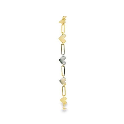14KT Gold Bracelet Alternating Horizontal Plain Heart/ Open Oval Link with White CZ Stone End Lobster Clasp