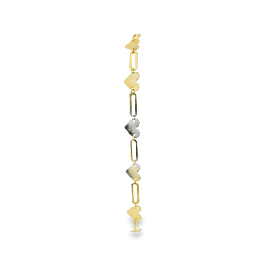 14KT Gold Bracelet Alternating Horizontal Plain Heart/ Open Oval Link with White CZ Stone End Lobster Clasp