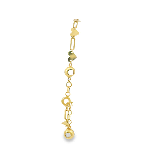 14KT Gold Bracelet Alternating Horizontal Plain Heart/ Open Oval Link with White CZ Stone End Lobster Clasp