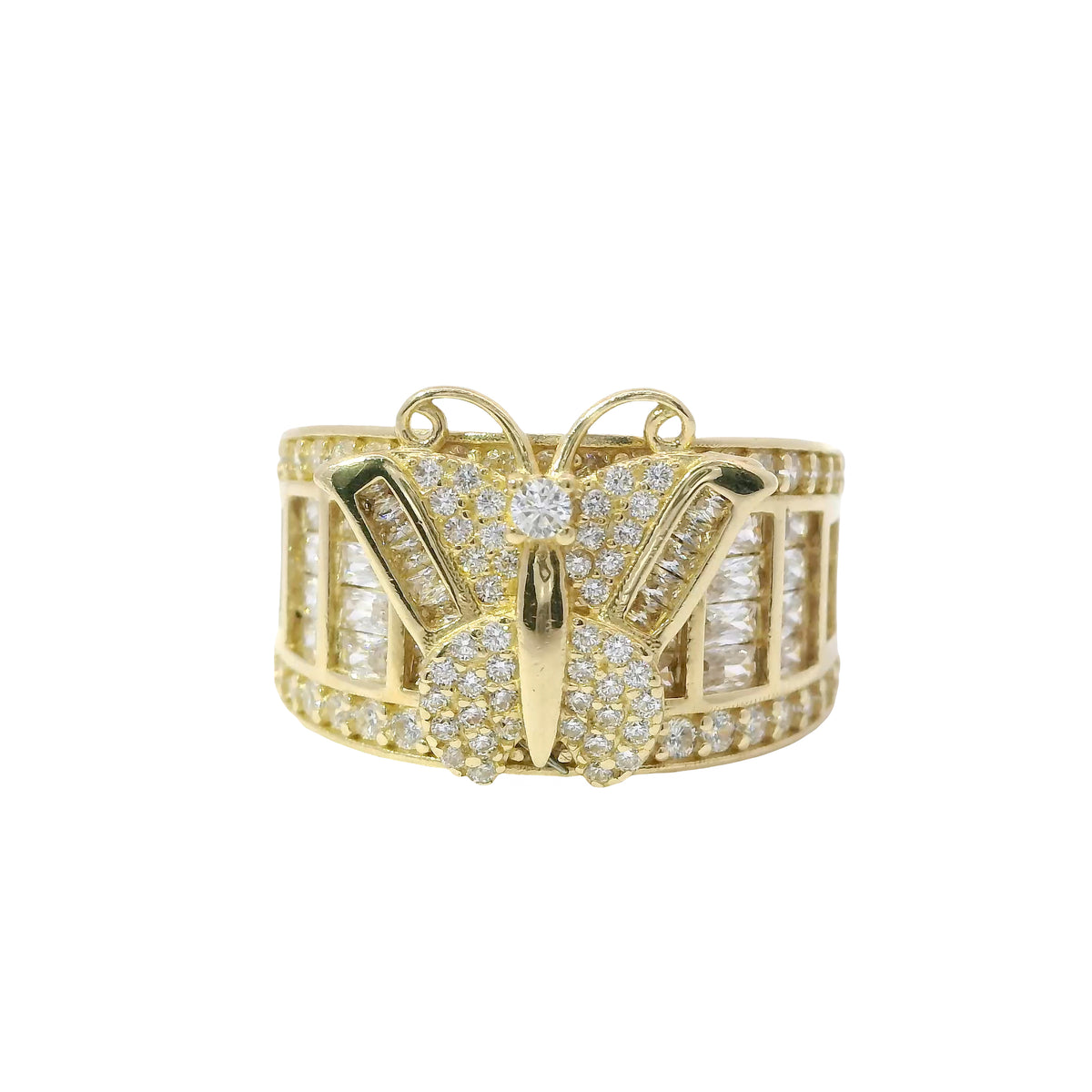 14KT Gold Ring Women's Butterfly Center with White CZ Stone Baguette Top Wings and Round Lower Wings with Three Section Baguette Band with Round White CZ Stones Border