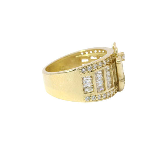 14KT Gold Ring Women's Butterfly Center with White CZ Stone Baguette Top Wings and Round Lower Wings with Three Section Baguette Band with Round White CZ Stones Border