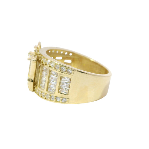 14KT Gold Ring Women's Butterfly Center with White CZ Stone Baguette Top Wings and Round Lower Wings with Three Section Baguette Band with Round White CZ Stones Border