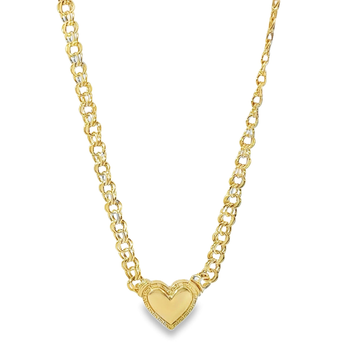 14KT Gold Chain Greek Chino Heart White CZ Double Box with Diamond Outline on Clasp 6mm