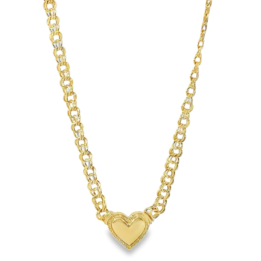14KT Gold Chain Greek Chino Heart White CZ Double Box with Diamond Outline on Clasp 6mm