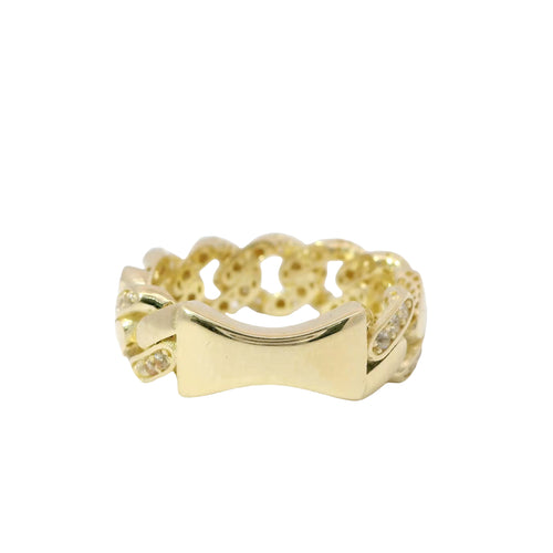 14KT Gold Ring Women's Small Alternating White CZ Stones Cuban Link and Plain Cuban Link Band