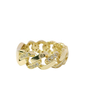14KT Gold Ring Women's Small Alternating White CZ Stones Cuban Link and Plain Cuban Link Band