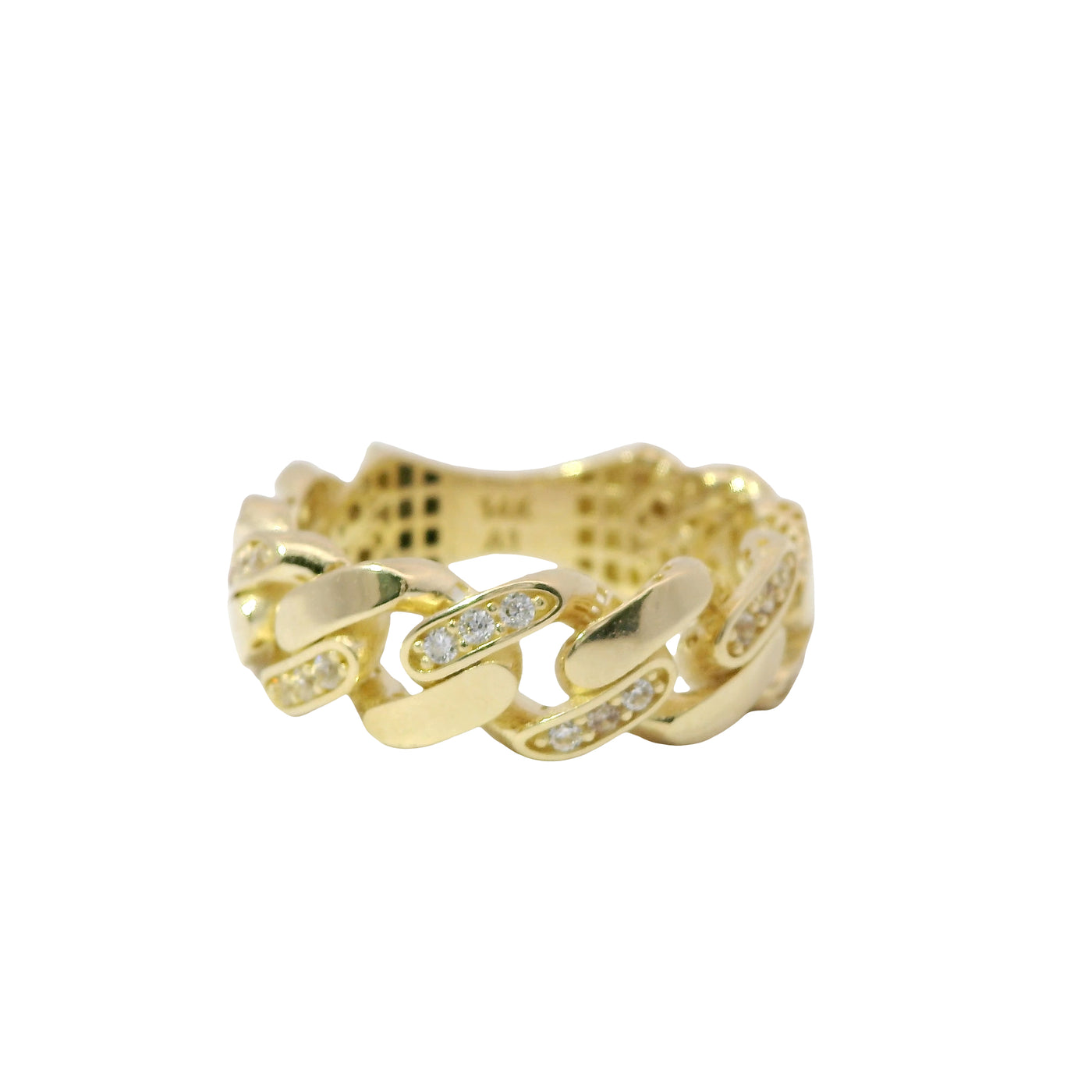 14KT Gold Ring Women's Small Alternating White CZ Stones Cuban Link and Plain Cuban Link Band