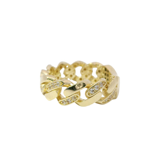 14KT Gold Ring Women's Small Alternating White CZ Stones Cuban Link and Plain Cuban Link Band